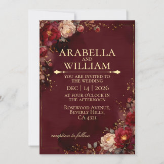 Burgundy maroon Floral Gold Frame Luxury Wedding Invitation