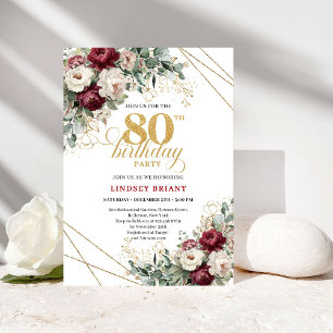 Burgundy Maroon Flowers Greenery Gold 80 Birthday Invitation