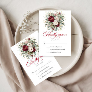 Burgundy Maroon Flowers Greenery Gold Wedding RSVP Card