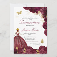 Burgundy Maroon Gold Floral Butterfly Quinceañera