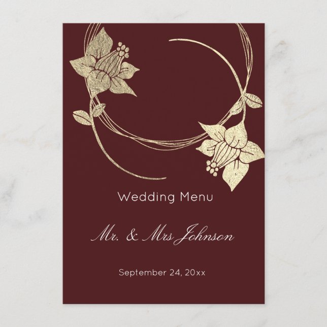 Burgundy Maroon Gold Floral Wedding Event Menu (Front)