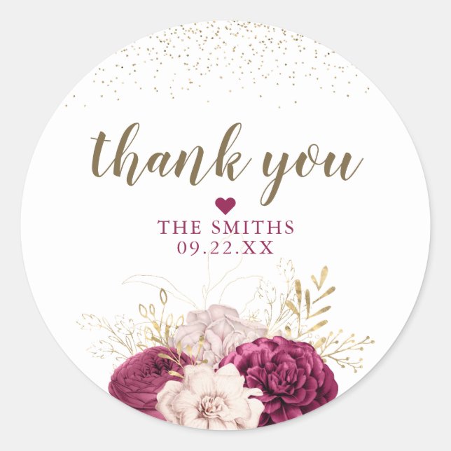 Burgundy Maroon Gold Glitter Floral Wedding Favour Classic Round Sticker (Front)
