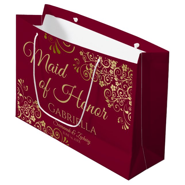 Burgundy Maroon & Gold Lace Maid of Honour Wedding Large Gift Bag (Front Angled)
