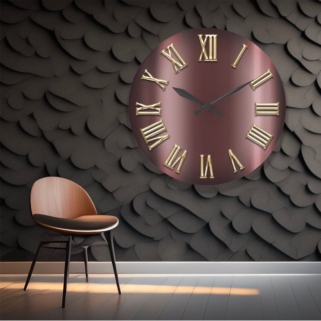 Burgundy Maroon Gold Metallic Roman Number Large Clock (#BurgundyBeauty #MaroonMarvel #GoldGlamour #MetallicMajesty #RomanRefinement #TimelessTradition #Con)