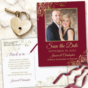 Burgundy Maroon & Gold Photo Save the Date Wedding Announcement Postcard