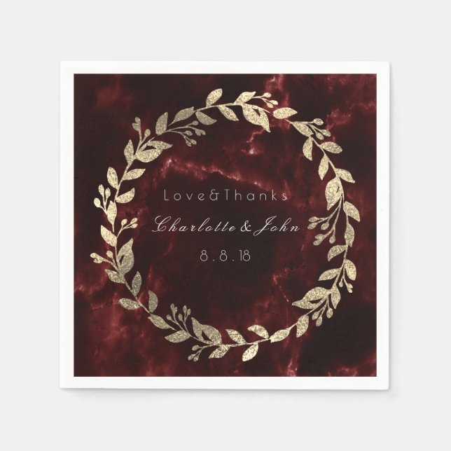Burgundy Maroon Gold Stone Marble Wreath Name Napkin (Front)