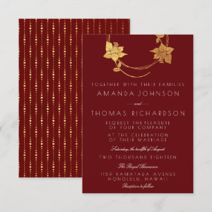 Burgundy Maroon Gold Wreath Vertical Gold Red Drop Invitation