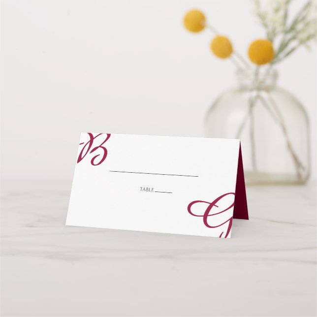 Burgundy Maroon Initials Autumn Fall Wedding  Place Card (Front)