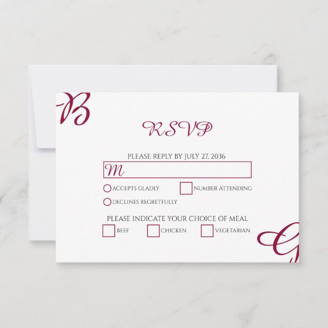 Burgundy Maroon Initials Autumn Fall Wedding  RSVP Card (Front)
