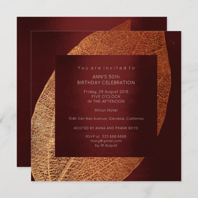Burgundy Maroon Leaf Gold Birthday Party Invitation (Front/Back)
