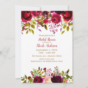 Burgundy Maroon Marsala Bordo Floral Bridal Shower Invitation