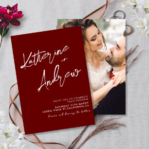 Burgundy Maroon Minimalist Script Fall Wedding Invitation