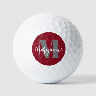 Burgundy Maroon Modern Elegant Monogram Golf Balls