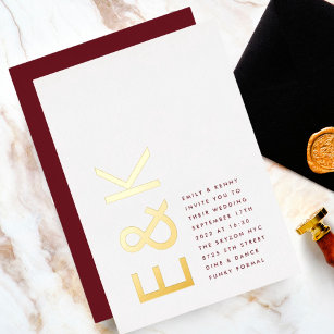 Burgundy Maroon Modern REAL GOLD Monogram Wedding