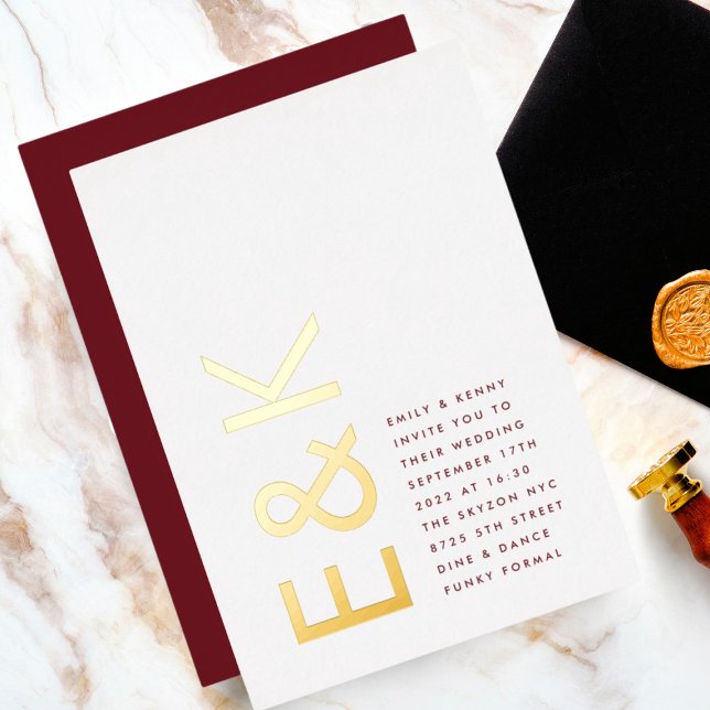 Burgundy Maroon Modern REAL GOLD Monogram Wedding (Creator Uploaded)