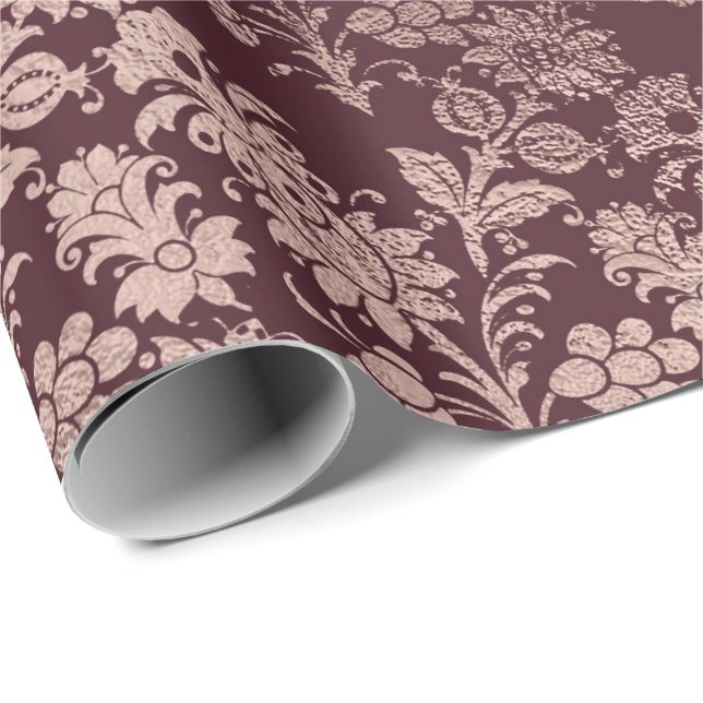 Burgundy Maroon Pink Rose Gold Royal Floral Wrapping Paper (Roll Corner)