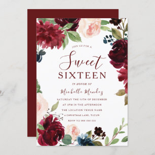 Burgundy Maroon Red Floral Sweet 16 Party Invitation