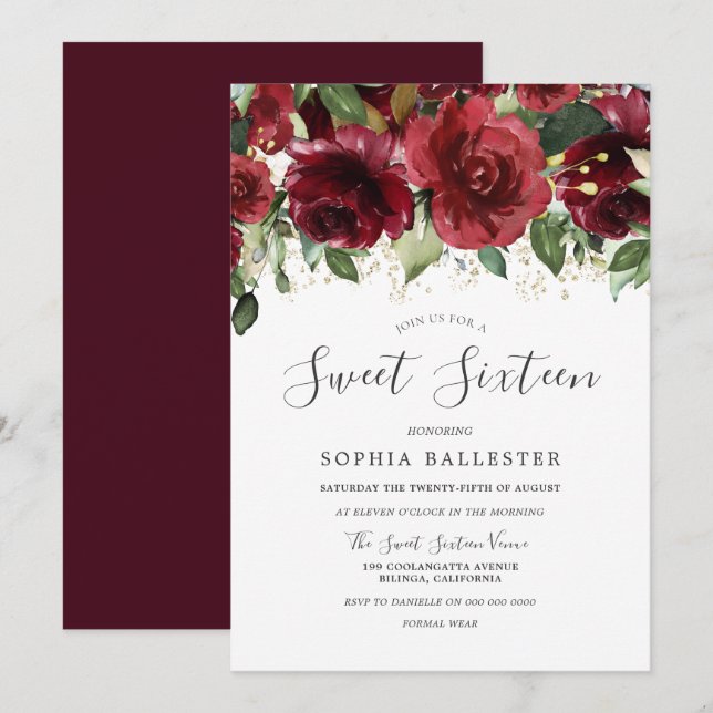 Burgundy Maroon Red Watercolor Flowers Sweet 16 Invitation (Front/Back)