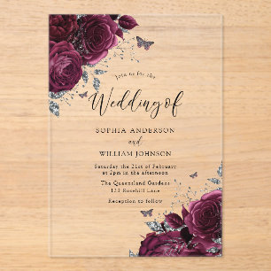 Burgundy Maroon Roses With Silver Elegant Wedding Acrylic Invitations