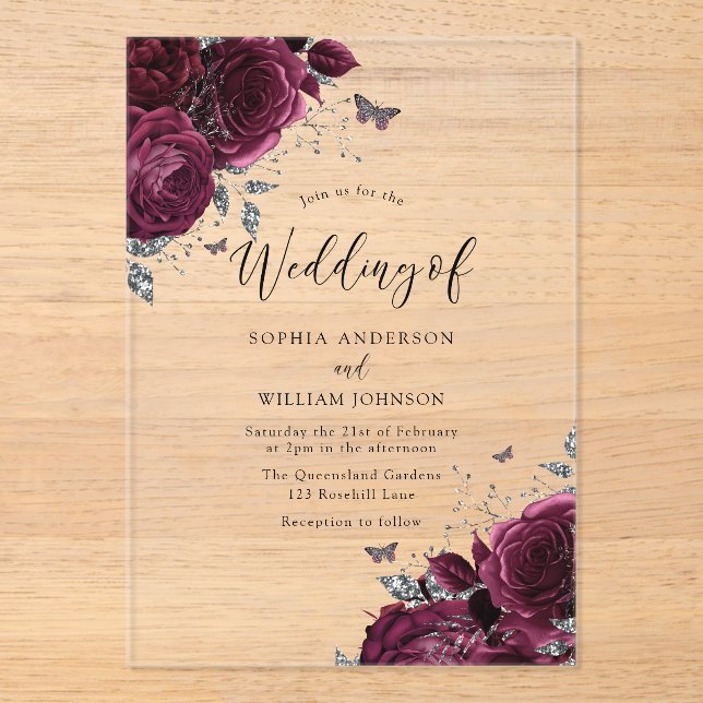 Burgundy Maroon Roses With Silver Elegant Wedding Acrylic Invitations (Front)
