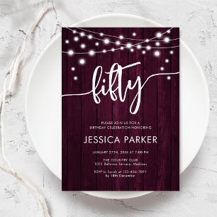 Burgundy Maroon Rustic Wood 50th Birthday Party Invitation