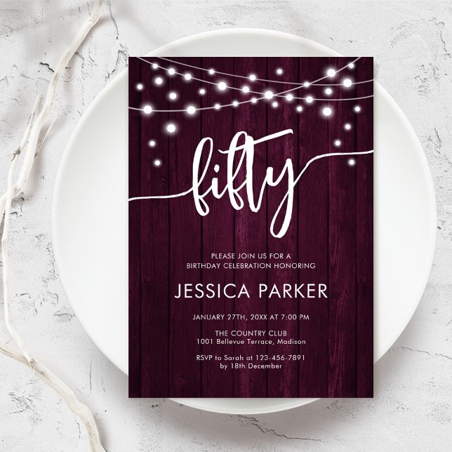 Burgundy Maroon Rustic Wood 50th Birthday Party Invitation (Creator Uploaded)