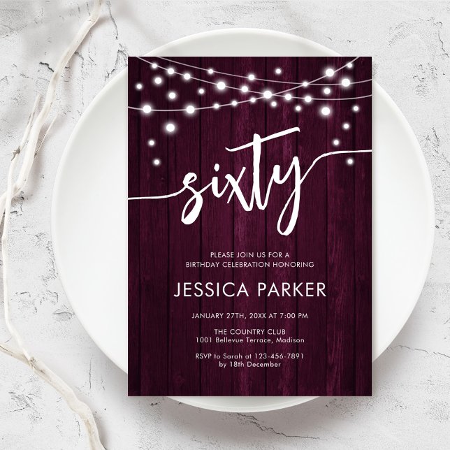 Burgundy Maroon Rustic Wood 60th Birthday Party Invitation (Creator Uploaded)