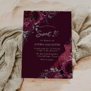 Burgundy Maroon, Silver Dress & Floral Sweet 16 Invitation