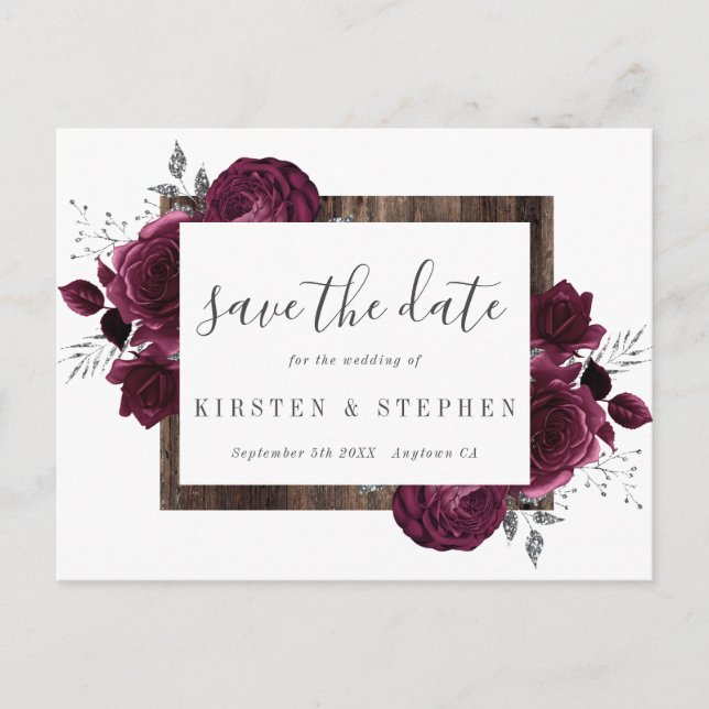 Burgundy Maroon Silver Floral Fall Save the Date Postcard (Front)