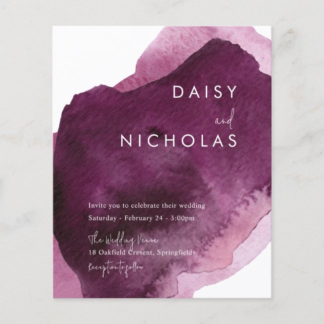 Burgundy Maroon Watercolor Budget Wedding Invite (Front)