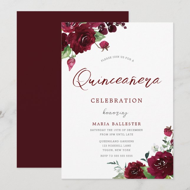 Burgundy Maroon Watercolor Flowers Quinceanera  Invitation (Front/Back)