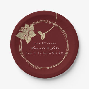 Burgundy Maroon Wedding Gold Floral Wreath Bridal Paper Plate