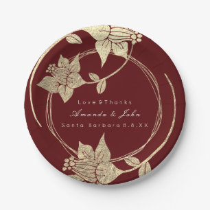 Burgundy Maroon Wedding Gold Floral Wreath Holiday Paper Plate