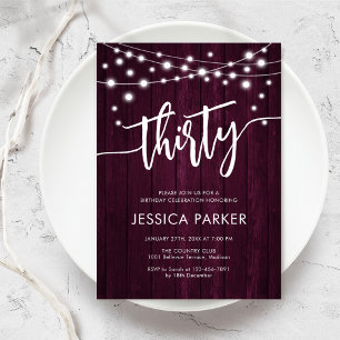 Burgundy Maroon Wood Rustic 30th Birthday Party Invitation