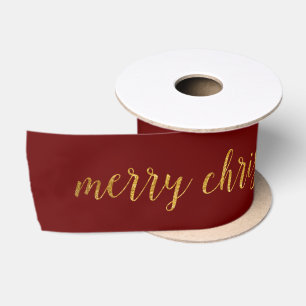 Burgundy Marron Golden Merry Christmas Satin Ribbon