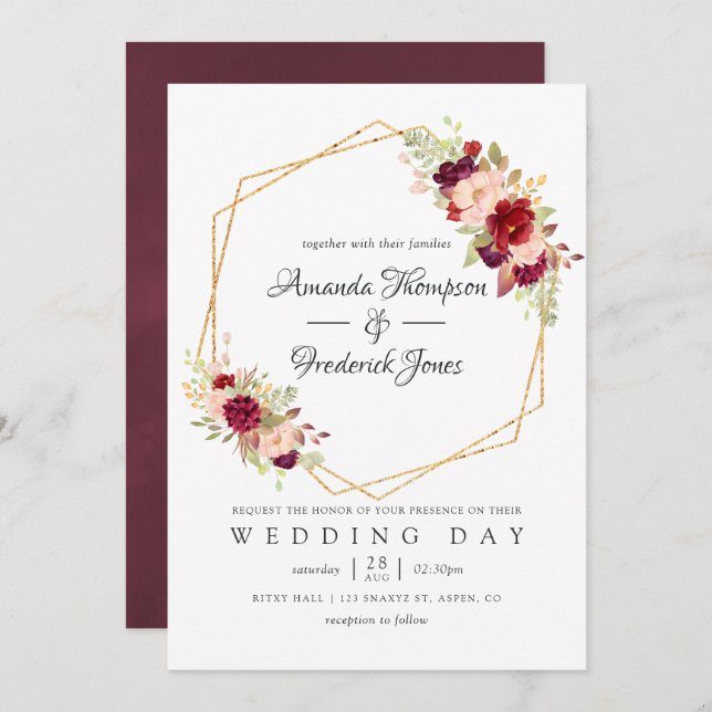 Burgundy-Marsala and Blush Boho Geometric Wedding Invitation (Front/Back)