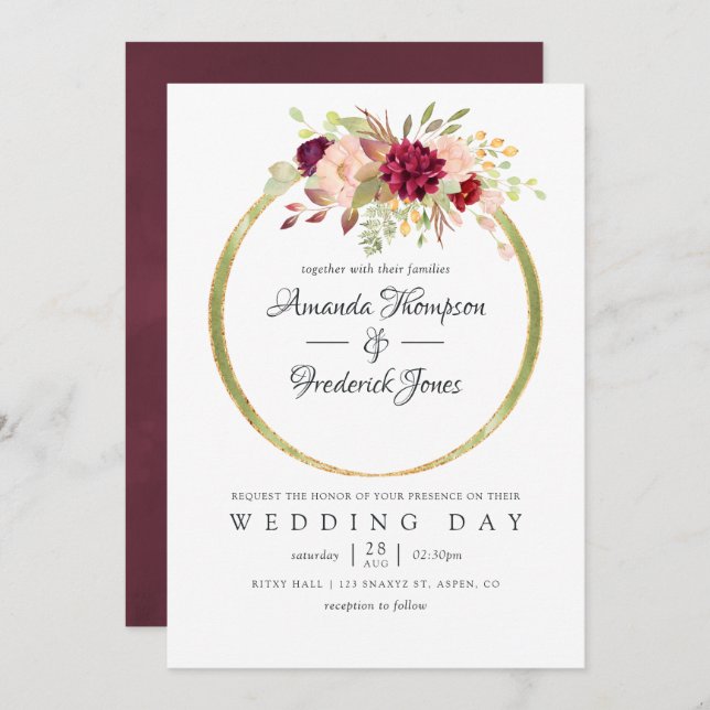 Burgundy-Marsala and Blush Boho Geometric Wedding Invitation (Front/Back)