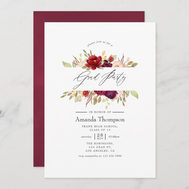Burgundy - Marsala and Blush Floral Graduation Invitation (Front/Back)