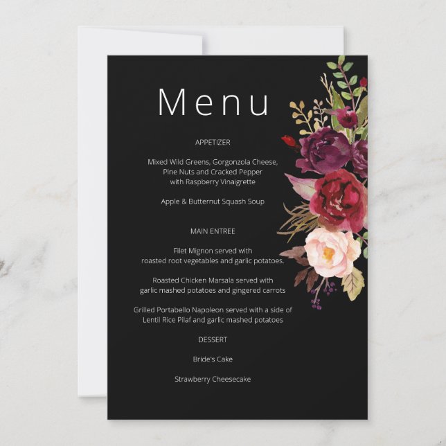 Burgundy Marsala and Blush Floral Menu - Black Inv Invitation (Front)
