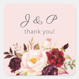 Burgundy Marsala and Blush Floral Monogram - Pink Square Sticker