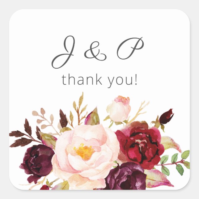Burgundy Marsala and Blush Floral Monogram - White Square Sticker (Front)