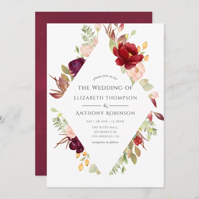 Burgundy - Marsala and Blush Floral Wedding Invitation (Front/Back)