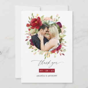 Burgundy - Marsala and Blush Floral Wedding Photo Thank You Card