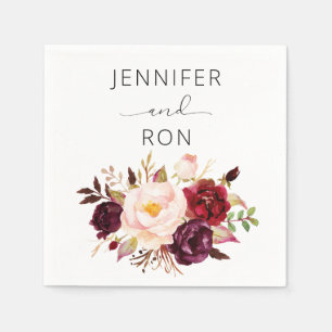 Burgundy Marsala and Blush Floral - White Napkin