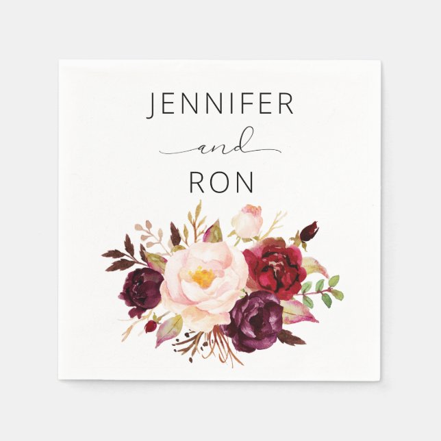 Burgundy Marsala and Blush Floral - White Napkin (Front)