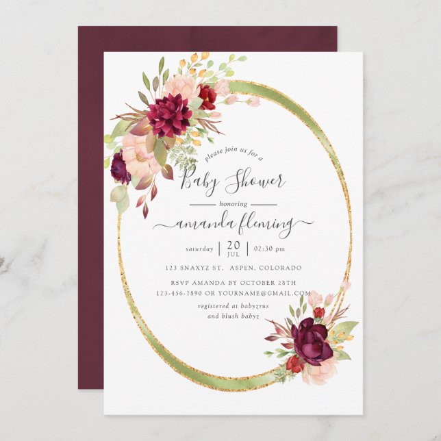 Burgundy-Marsala and Blush Geometric Baby Shower Invitation (Front/Back)