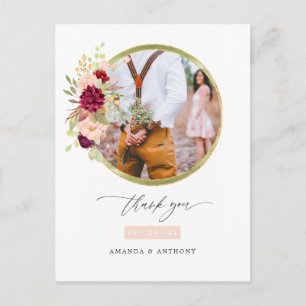 Burgundy-Marsala and Blush Wedding Photo Thank You Postcard
