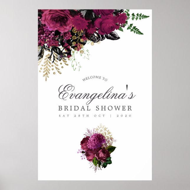 Burgundy - Marsala and Gold Bridal Shower Welcome Poster (Front)
