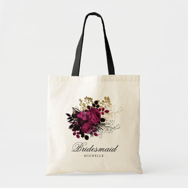 Burgundy - Marsala and Gold Floral Bridesmaid Tote Bag (Front)