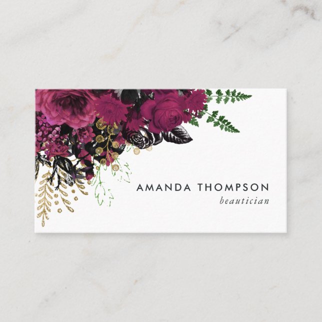 Burgundy - Marsala and Gold Floral Business Card (Front)